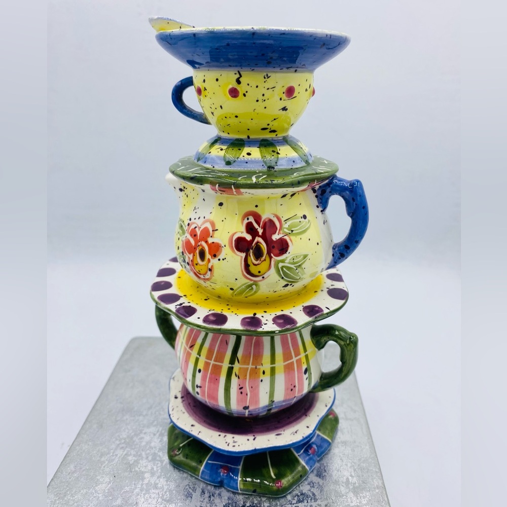 Vintage Julie Ueland Enesco Ceramic Hand Painted Stacked Teacup Candle Holder